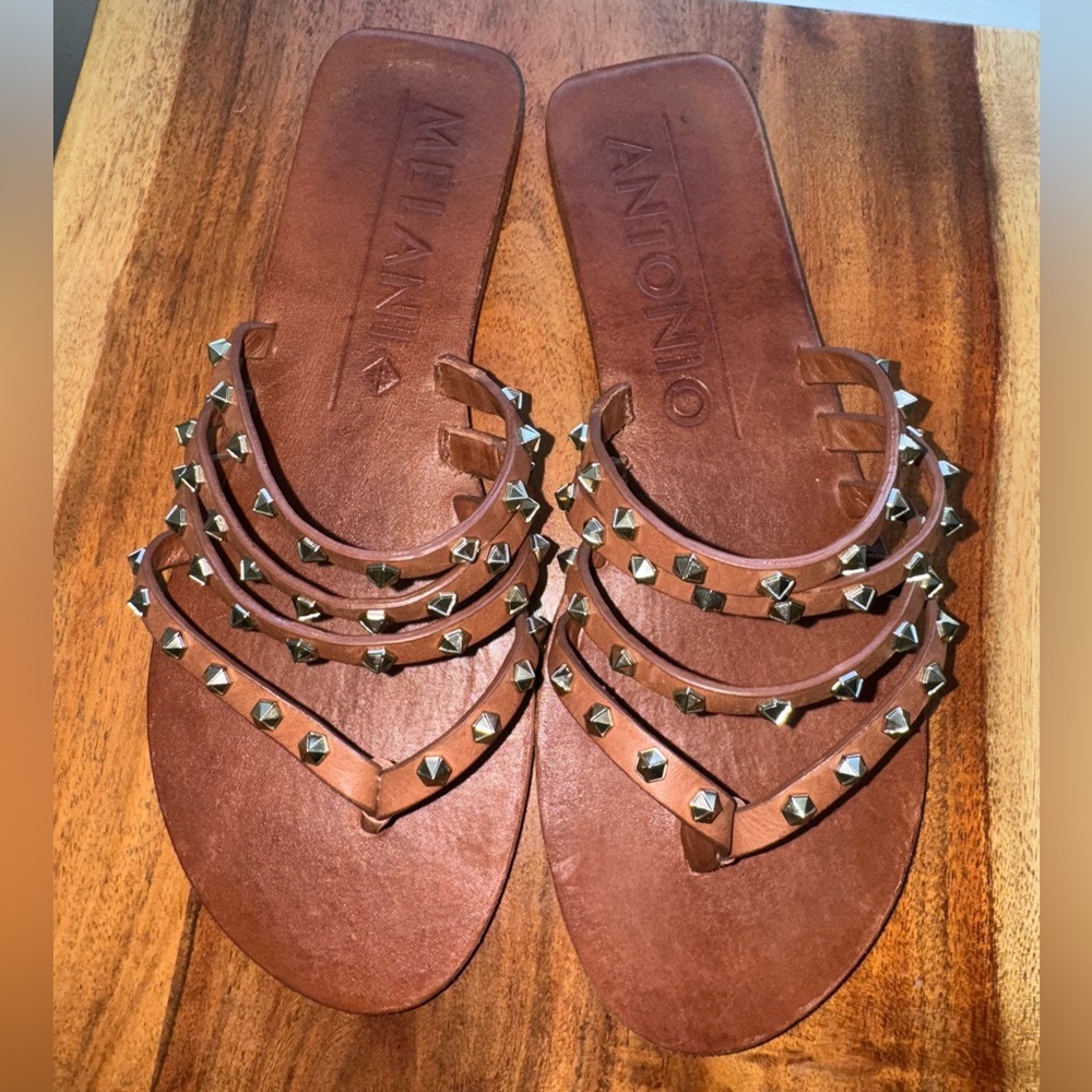 Antonio Melani Studded Leather Sandals | Size 8 | Cognac Brown | Runs Small